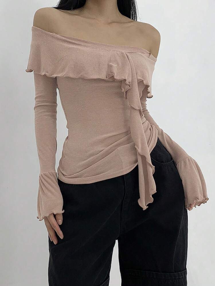 Women's Off Shoulder Bell Sleeve Long Sleeve T-Shirt Top, Spring & Summer,Ruffle,Fall Women Clothes