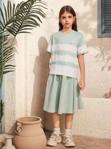 SHEIN 2 Pieces Set For Tween Girl,Sage Green Summer Casual Elegant School Outfit,Round Neck Short-Sleeve T-Shirt Paired With A Skirt,Soft Skin-Friendly Set - Green - View 1