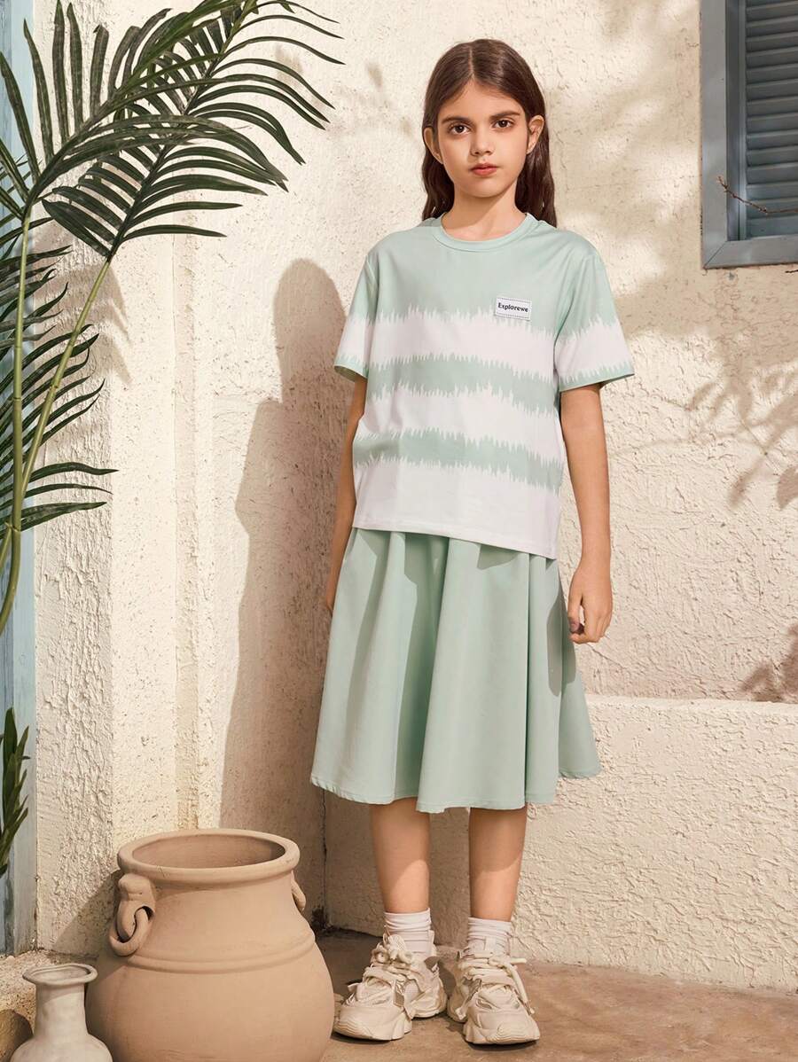 SHEIN 2 Pieces Set For Tween Girl,Sage Green Summer Casual Elegant School Outfit,Round Neck Short-Sleeve T-Shirt Paired With A Skirt,Soft Skin-Friendly Set - Green - View 1