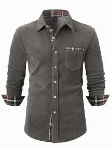 Manfinity Homme Camisa casual de manga larga con bolsillo y botones de unicolor para hombres de talla grande