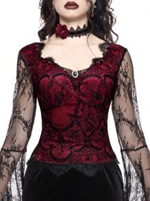 ROMWE Goth Ropa gótica, vintage, romántica y lujosa con mangas abullonadas y encaje de estilo corte imperial para el Día de San Valentín - Burdeos - Ver 4