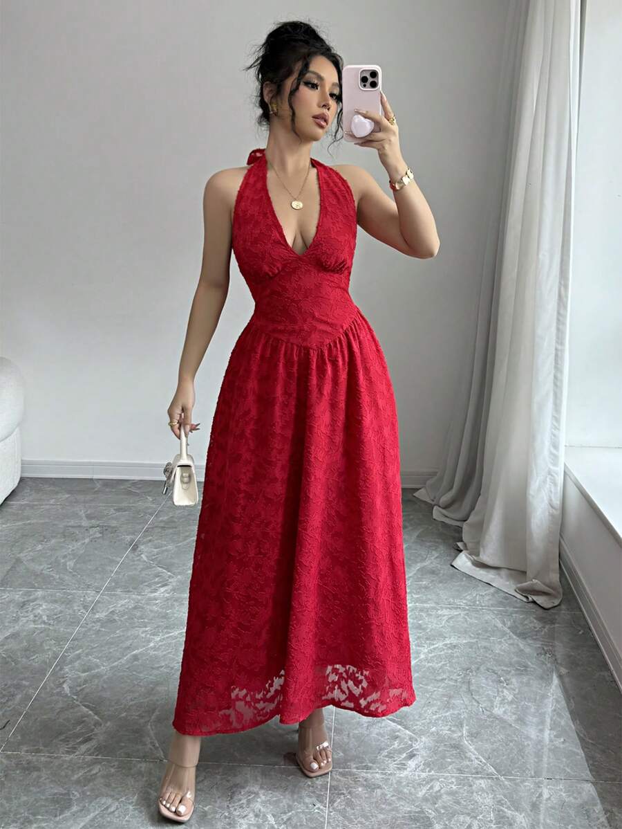 SHEIN Raffinéa 女士优雅纯色花卉印花挂脖长裙 - 紅色 - 查看 1