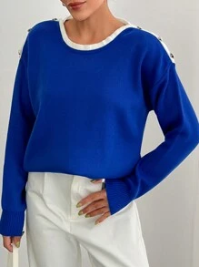 SHEIN Cottnline Women Solid Color Stripe Detailed Button Neck Pullover - Blue - View 3