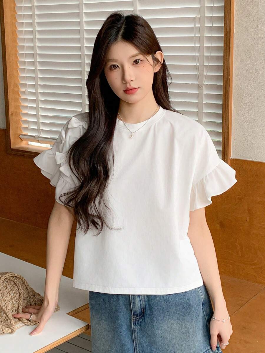 DAZY Women's Sweet Bowknot Patchwork Loose Short Sleeve T-Shirt Preppy Tops - White - View 1
