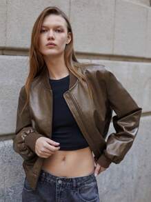 Maija 女式四季百搭休闲棕色短款前拉链罗纹领宽松落肩长袖夹克嬉皮士 - 咖啡棕 - 查看 7