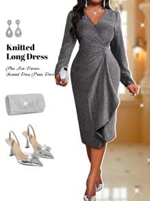 Fleurora 秋冬优雅复古工作婚礼鸡尾酒会圣诞节闪亮亮片针织深 V 领水钻荷叶边新品紧身连衣裙大码连衣裙正式礼服舞会礼服 - 銀色 - 查看 2