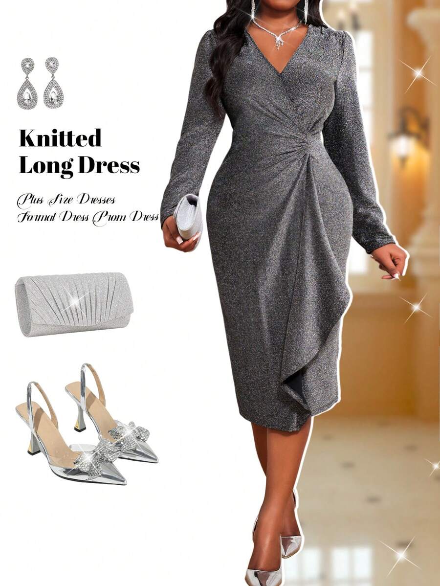 Fleurora 秋冬优雅复古工作婚礼鸡尾酒会圣诞节闪亮亮片针织深 V 领水钻荷叶边新品紧身连衣裙大码连衣裙正式礼服舞会礼服