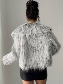 SHEIN Privé Women Vintage Faux Fur Coat, Open Front Furry Collar Fuzzy Jacket, Fashion Winter Outwear, Suitable For Valentine's Day - Grey - View 10