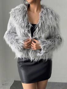 SHEIN Privé Women Vintage Faux Fur Coat, Open Front Furry Collar Fuzzy Jacket, Fashion Winter Outwear, Suitable For Valentine's Day - Grey - View 5