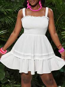 Slaydiva Summer Vacation Fashionable Pleats A-Line Short Dress With Waist - White - View 4