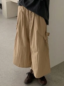 DAZY Quần ống rộng cạp chun siêu rộng cho nữ, quần short Bermuda, mọi mùa - Màu Khaki - Xem 6