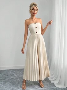 SHEIN Clasi Women's Elegant Pleated Strapless Apricot Color Wide Leg Long Jumpsuit, Fashion Streetwear For Vacation Outfits Woman Summer Outfits For Women Beach Outfits For Woman Mardi Gras  Beach Vacation Wear  BohoJumpsuit Women Western Wear Women Festival  Old Money