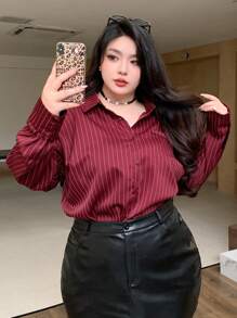 Dazy Plus 加大码常规领条纹宽松长袖衬衫，适合农历新年、春夏秋、秋季女装 - 酒紅色 - 查看 7