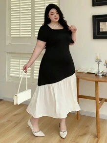 Dazy Plus Plus Size Stretchy Fitted Colorblock Square Neck Dress, Spring/Summer,Casual Women Dresses - Black - View 8