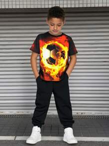 2pcs/Set Tween Boy Casual Sports Football Graphic Crewneck Short Sleeve T-Shirt And Pants Set, Suitable For Commuting, School, Daily, Vacation, Sports, Spring/Summer/Autumn