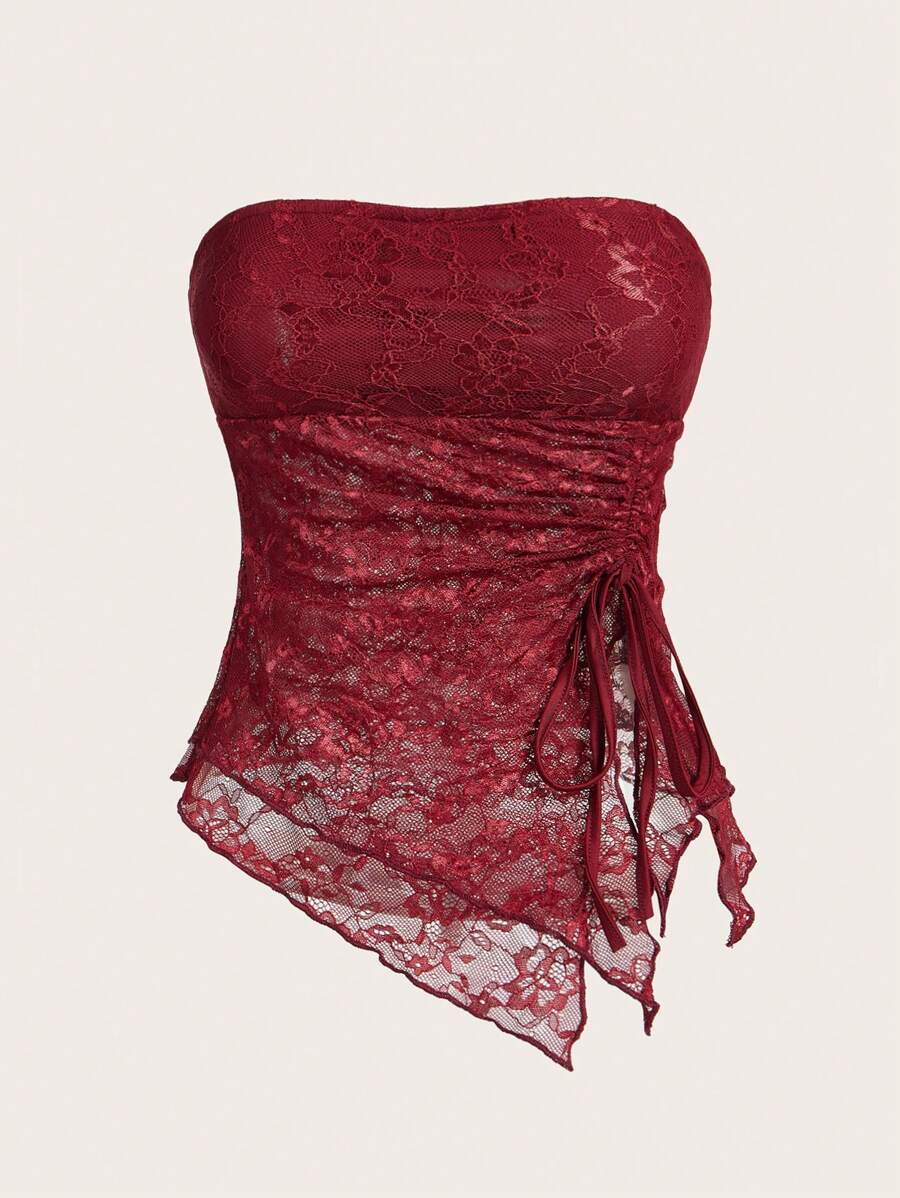Sweetina Lace Patchwork Drawstring Asymmetrical Hem Cropped Cami Top - Burgundy - View 1