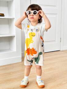 SHEIN 新生男童/女童休闲运动风格可爱恐龙图案落肩宽松针织连体衣，适合春夏室内/室外穿着