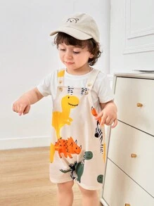 SHEIN 新生男童/女童休闲运动风格可爱恐龙图案落肩宽松针织连体衣，适合春夏室内/室外穿着