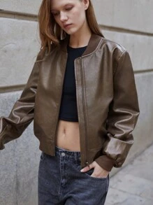 Maija 女式四季百搭休闲棕色短款前拉链罗纹领宽松落肩长袖夹克嬉皮士 - 咖啡棕 - 查看 5