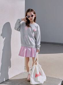 2pcs/Set Young Girls Fashion Digital Pink Heart Print Hoodie With 3D Heart Decor & Pleated Mini Skirt, Spring/Autumn
