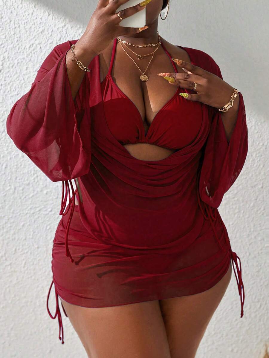 Slaydiva 4 件套大码女式纯色细肩带比基尼套装，带长袖罩衫和罩裙，适合夏季海滩度假 - 酒紅色 - 查看 1