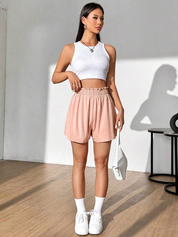 Flirla Ruffle Waist Solid Color Simple Fashion Casual Shorts - Coral Pink - View 3