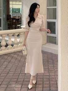 DAZY 女士纯色修身腰部不对称领长款连衣裙，春夏优雅衬衫裙/长款连衣裙 - 杏色 - 查看 8