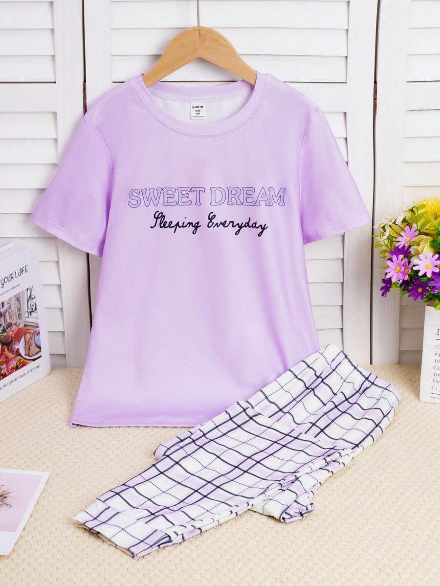 2 Peças Conjunto de Pijamas Feminino Casual Solto, Retardante de Chama, Seda de Leite, de Manga Curta, na Cor Violeta