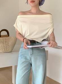 DAZY Women's Pleated Off-Shoulder Solid Color Casual Short Sleeve T-Shirt,Off Shoulder Top - White - View 4