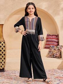 SHEIN Tween Girls' Loose Casual Solid Color Patchwork Pattern Tassels Decor Jumpsuit - Black - View 4