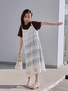 2pcs/Set Girls Solid Short Sleeve Dress With Lace Camisole Dress, Summer Set - Khaki - View 5