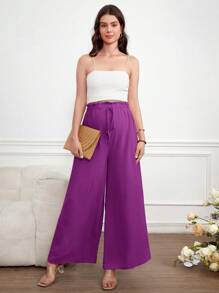 SHEIN 孕妇宽腿裤，纯色休闲时尚，适合日常穿着 - 中紫紅色 - 查看 4