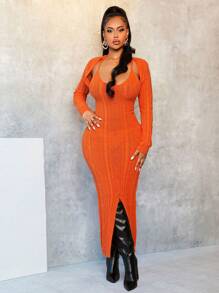 BamGleam Váy len dài tay hở vai họa tiết cáp màu trơn cho nữ - trái cam - Xem 6