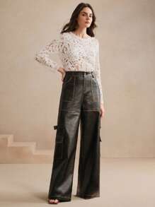 Anewsta Quần da PU Cargo cổ điển thời trang dành cho nữ Maillard - màu đen - Xem 5