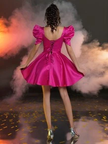 SHEIN Belle Elegant And Gorgeous Rose Red Square Neck Puff Sleeves Dress Suitable For Evening Bachelor Party Birthday Date, Back To School Prom Dress, Wedding Guest Dress