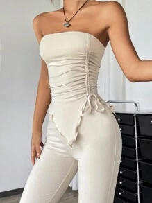 SHEIN Girlism Conjunto de 2 piezas para adolescentes: Top corto con pliegues y bajo asimétrico y pantalones acampanados para Año Nuevo - Albaricoque - Ver 7