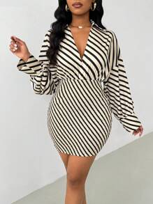 Zolique 女士春夏条纹简约时尚日常休闲侧长袖衬衫裙