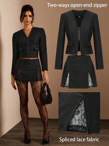 Glamine Traje de 2 piezas estilo oficina en negro, chaqueta de manga larga corta y ajustada con cremallera y falda mini de tela acanalada con bajo dividido, un estilo sencillo y sexy apto para uso diario en la oficina o citas