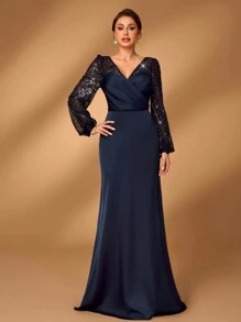 Serin 优雅奢华的海军蓝亮片串珠褶皱透视长袖 A 字形下摆晚礼服，适合庆典、正式派对、婚礼、新娘母亲礼服 - 藏蓝色 - 查看 2