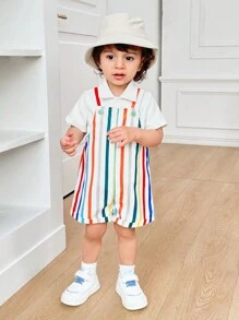 Baby Boy Casual Sports Cute Funny Colorful Romper With Suspender Shorts, Suitable For Spring & Summer, Wear At Home Or Go Out