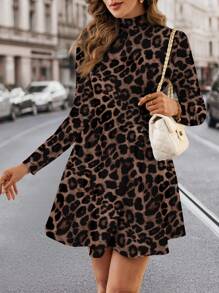 SHEIN Clasi Leopard Print Waist-Cinching A-Line Dress For Women - Rust Brown - View 5