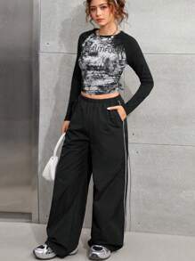 Girlism 2 Pieces Set For Teen Girls Black And White Autumn Streetwear Holiday Casual English Text Tie Dye Bow Decor T-Shirt & Chic Utility Cargo Pants - Multicolor - View 4