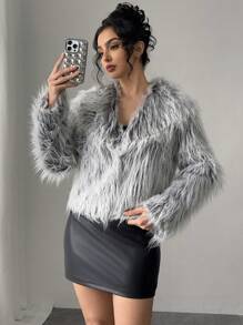 SHEIN Privé Women Vintage Faux Fur Coat, Open Front Furry Collar Fuzzy Jacket, Fashion Winter Outwear, Suitable For Valentine's Day - Grey - View 9