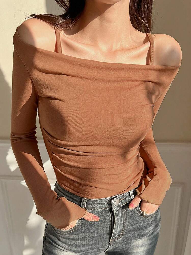 Off-Shoulder Tight Fit T-Shirt For Women,Off Shoulder Top Long Sleeve Women Tops,Fall Women Clothes