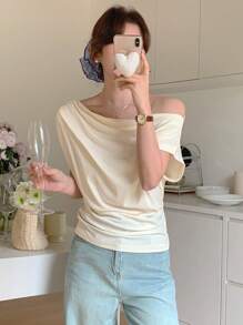 DAZY Women's Pleated Off-Shoulder Solid Color Casual Short Sleeve T-Shirt,Off Shoulder Top - White - View 2