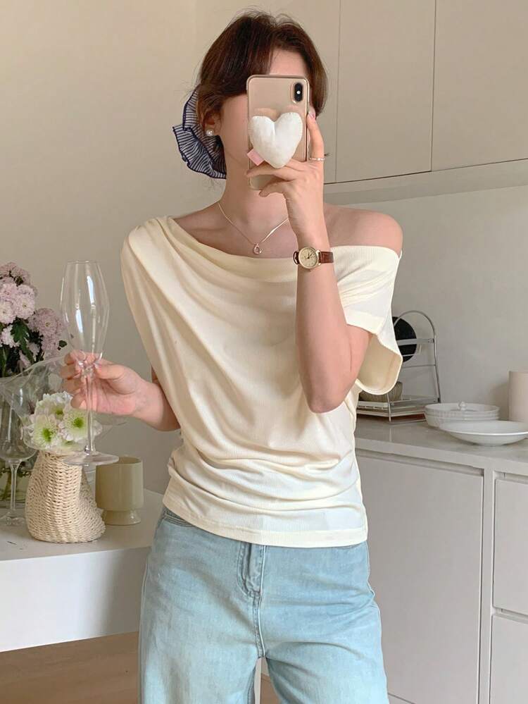 Women's Pleated Off-Shoulder Solid Color Casual Short Sleeve T-Shirt,Off Shoulder Top