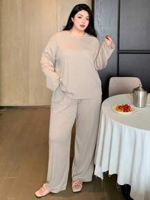 Dazy Plus Ensemble de pyjama à col rond unicolore et ample, vêtements de nuit pour toutes les saisons