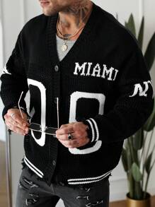 Manfinity Hypemode Men's Casual Button-Up Cardigan With Number Print, Long Sleeve For Autumn/Winter