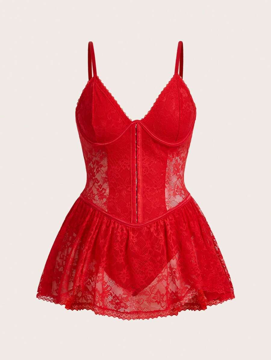 SHEIN ICON Plus Size Lace Patchwork Underwired Triangle Cup Lace Trim Decorative Dress For Summer - Red - View 1