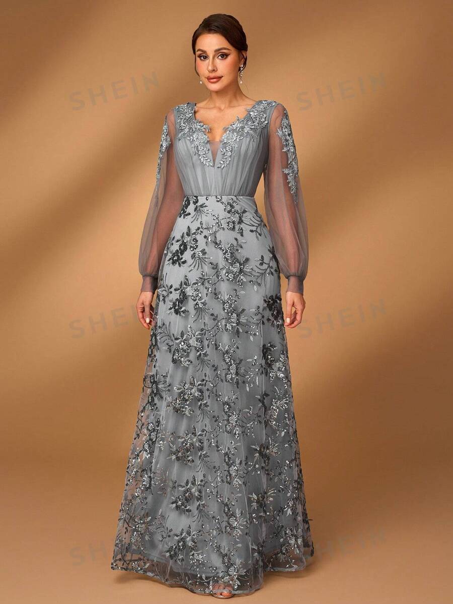 Serin Rochie maxi elegantă, strălucitoare, cu decolteu în V, cu mâneci lanternă, potrivită pentru mama miresei/mirelor la petrecerea de seară, nuntă, banchet formal